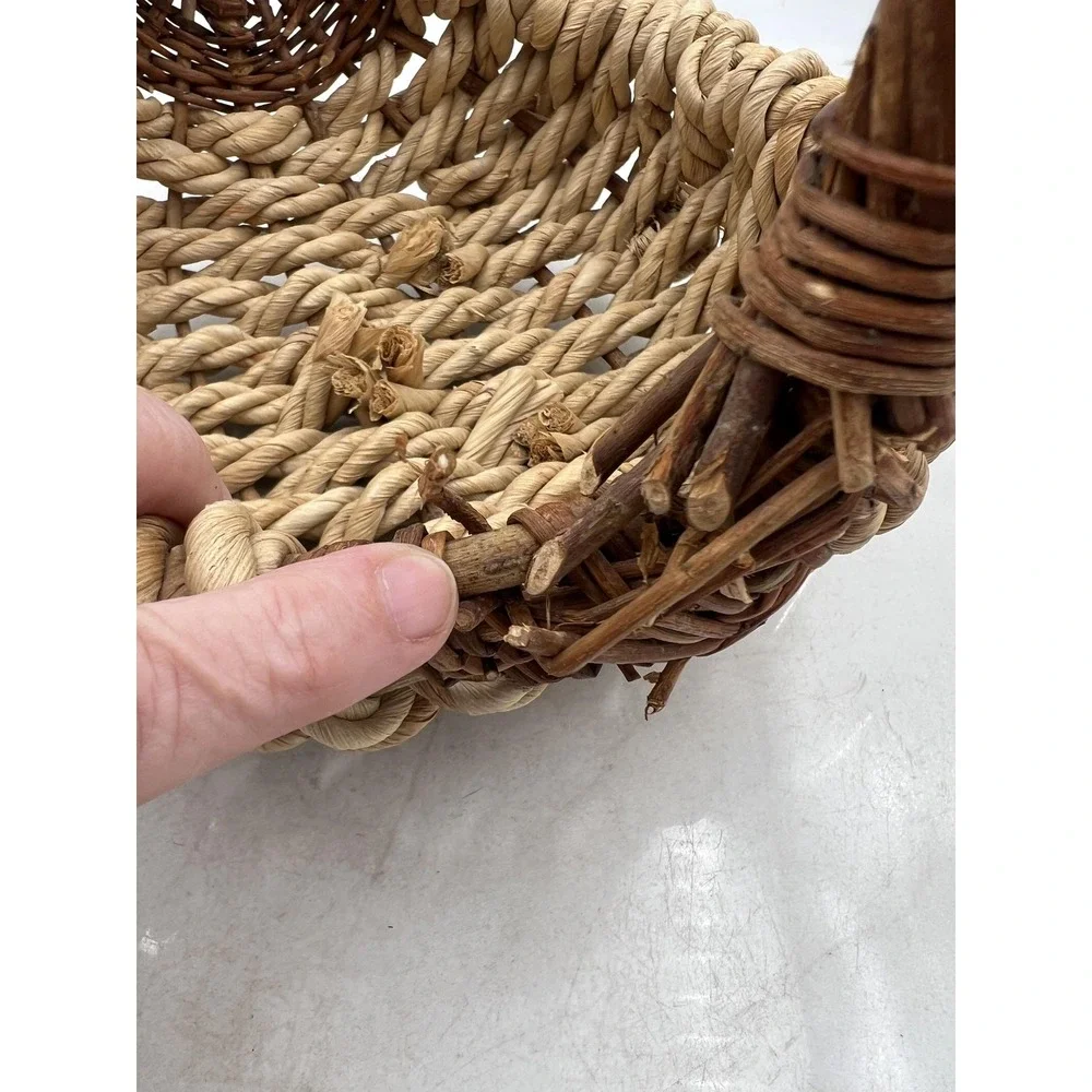 Rustic Woven Wicker and Rope Basket with Handle Natural Fiber Farmhouse Decor